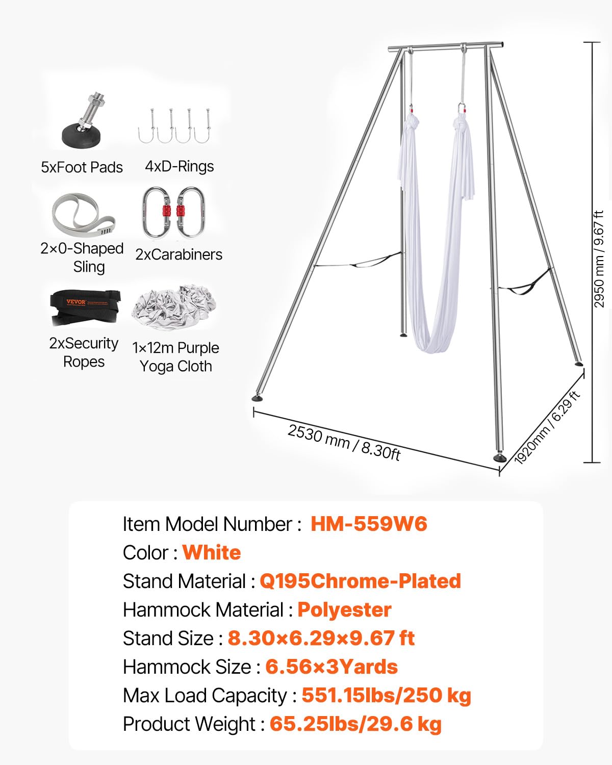 VEVOR Aerial Yoga Frame & Hammock Set, 9.67ft Yoga Swing Frame with 6.6-Yard Nylon Hammock, Heavy-Duty Premium Stand, 551.15 lbs Max Capacity Rig, for Indoor & Outdoor Aerial Fitness Training (White)