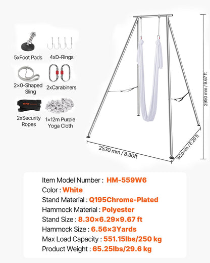VEVOR Aerial Yoga Frame & Hammock Set, 9.67ft Yoga Swing Frame with 6.6-Yard Nylon Hammock, Heavy-Duty Premium Stand, 551.15 lbs Max Capacity Rig, for Indoor & Outdoor Aerial Fitness Training (White)