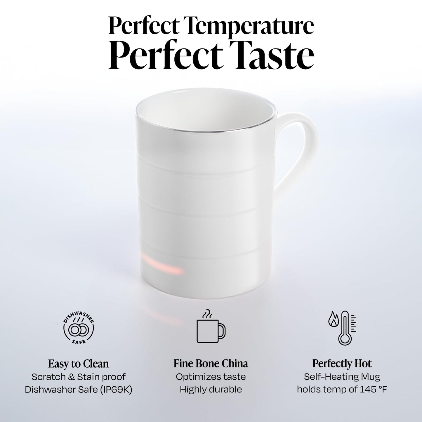 Glowstone Smart Heated Coffee Mug with Wireless Charging Base Self-Heating Made from Fine Bone China Electric Coffee Mug and Self Heating Mug Keeps Drinks Hot Stay Hot Electric Coffee Mug (White)