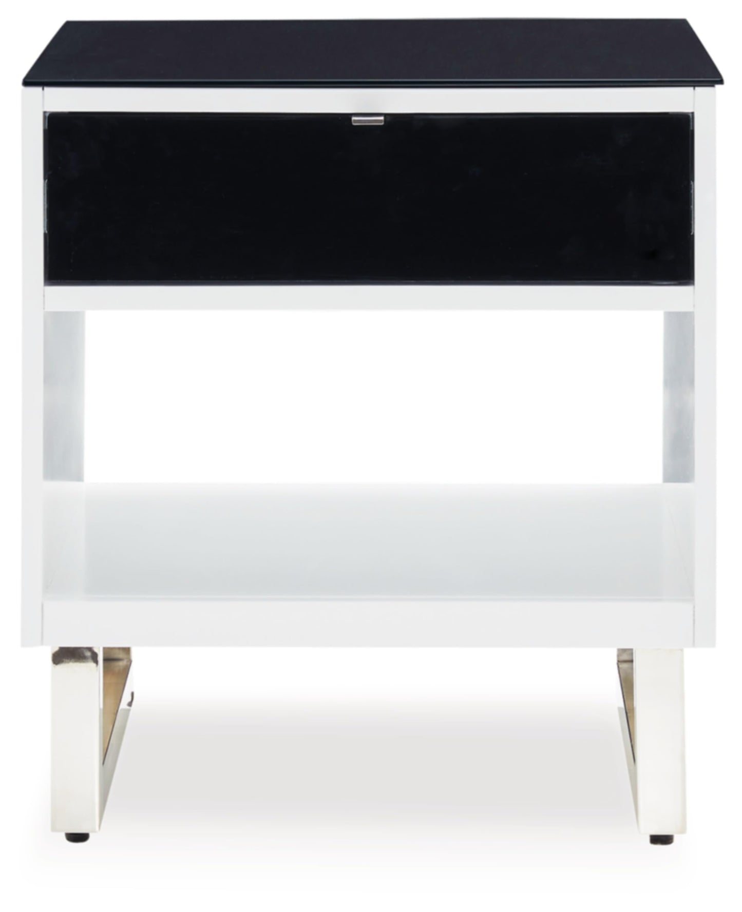 Signature Design by Ashley Gardoni Modern Glass-Tabletop End Table with 1 Drawer, Open Shelf, and High Gloss Finish, White & Black