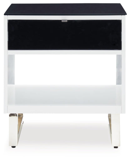 Signature Design by Ashley Gardoni Modern Glass-Tabletop End Table with 1 Drawer, Open Shelf, and High Gloss Finish, White & Black