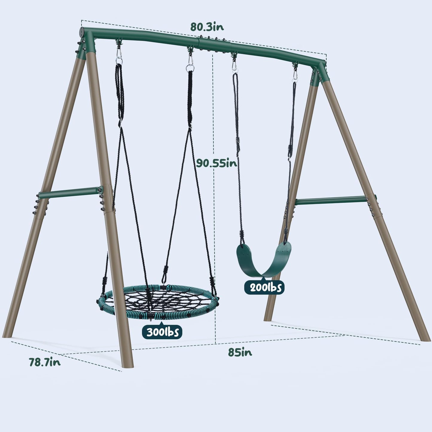 Hapfan 7.5ft Tall Swing Sets for Backyard, 500lbs Heavy Duty Metal Swing Set for Kids and Adults with Spider Swing and Belt Swing, A-Frame Outdoor Swingset Play Equipment(Green and Brown)