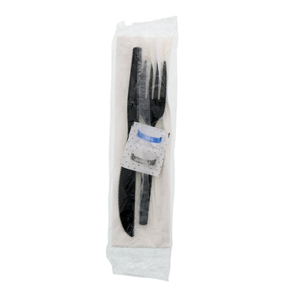 AmerCareRoyal 5-in-1 Disposable Silverware Heavy Duty Plastic Utensil Set with Fork, Knife, Salt & Pepper Packets, 13x17 inch 2-ply Napkin - Individually Wrapped Cutlery Meal Kit, Black, Case of 500