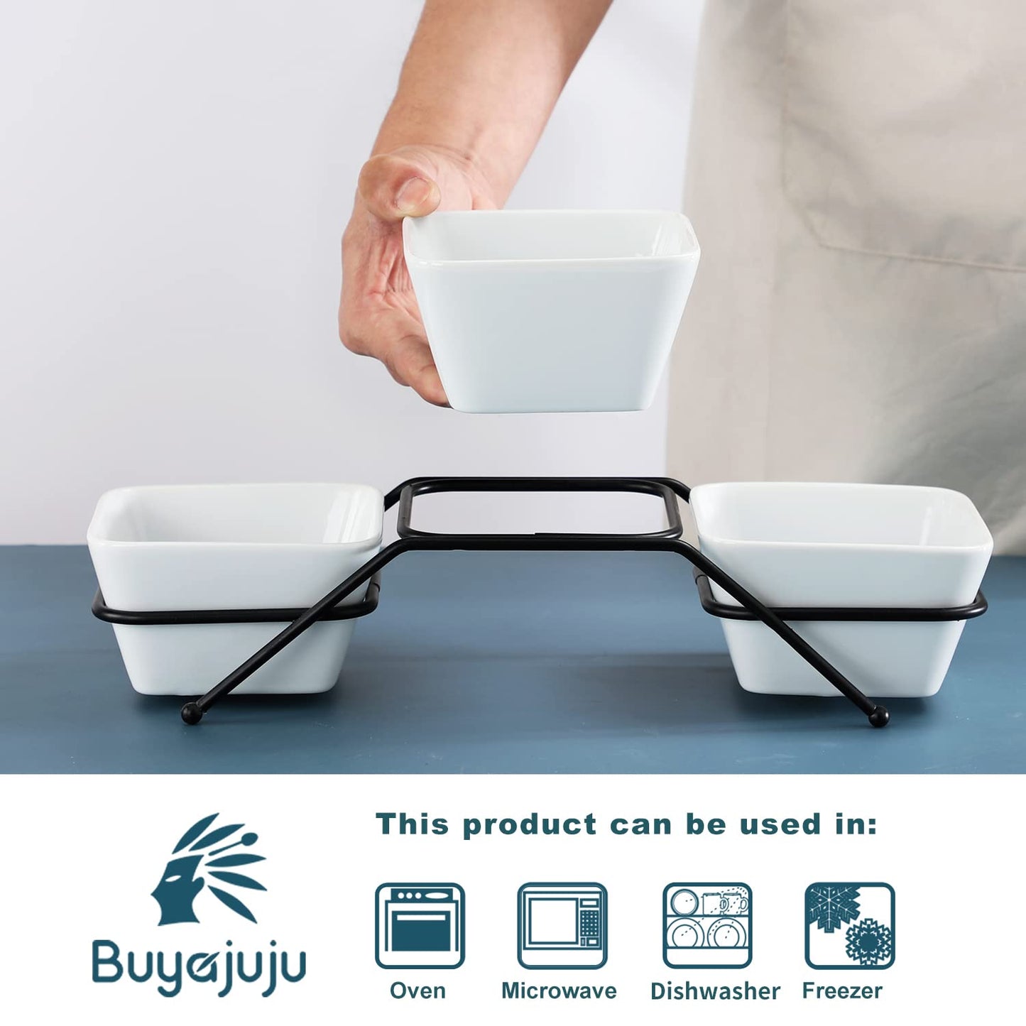 Buyajuju 3 pcs square bowl Porcelain Chip & Dip Serving Set with Black Metal Stand, 4.5inch White Small Serving Bowls for Side Dishes, Salsa, Appetizer, Serving Dishes for Entertaining 11.5 OZ