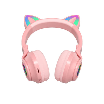 YUSONIC Cat Ear Bluetooth Headphones for Kids & Adults, Wireless Foldable & Wired Multi-Function LED Light Up Over Ear Headphones with Mic and Volume Control for iPhone/iPad/Laptop/PC (Pink 2)