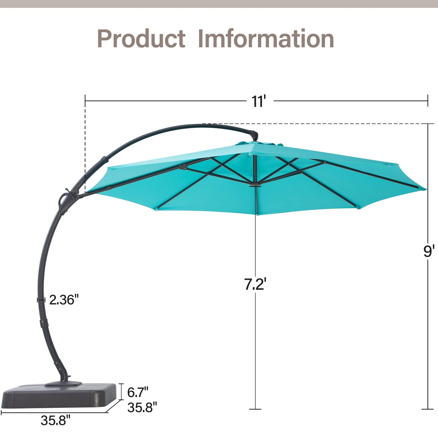 EO Living Outdoor Patio Umbrella with Base included, 11 FT Deluxe Curvy Cantilever Umbrella Heavy Duty Offset Hanging Umbrella with 360° Rotation for Pool, Garden, Backyard, Deck (Turquoise Blue)