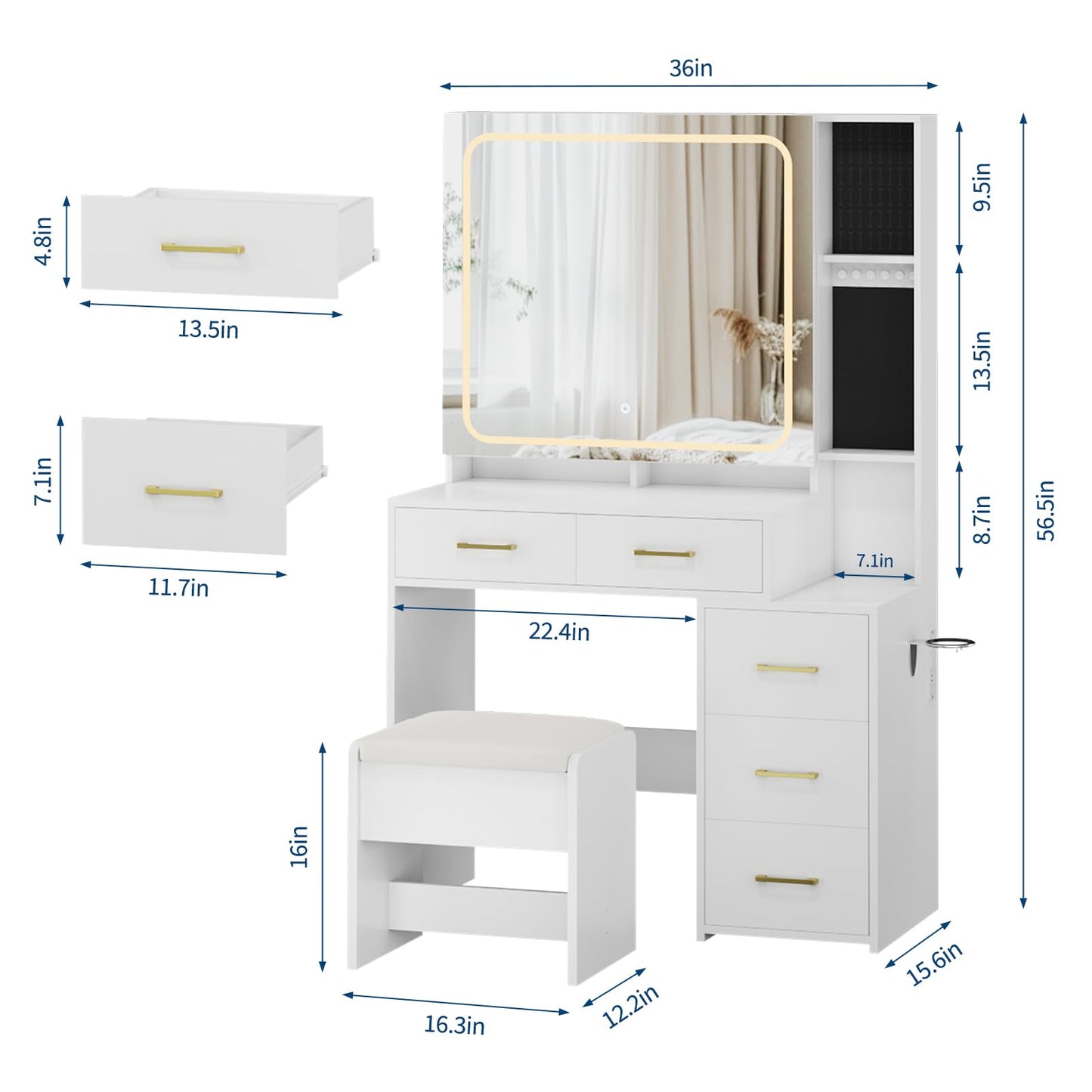 GlowSol Vanity Desk with Mirror and Lights, White Makeup Vanity with Jewelry Organizer, LED Glass Cabinet, 3 Light Modes, Power Outlet, 5 Drawers, Vanity Table Set with Padded Storage Stool