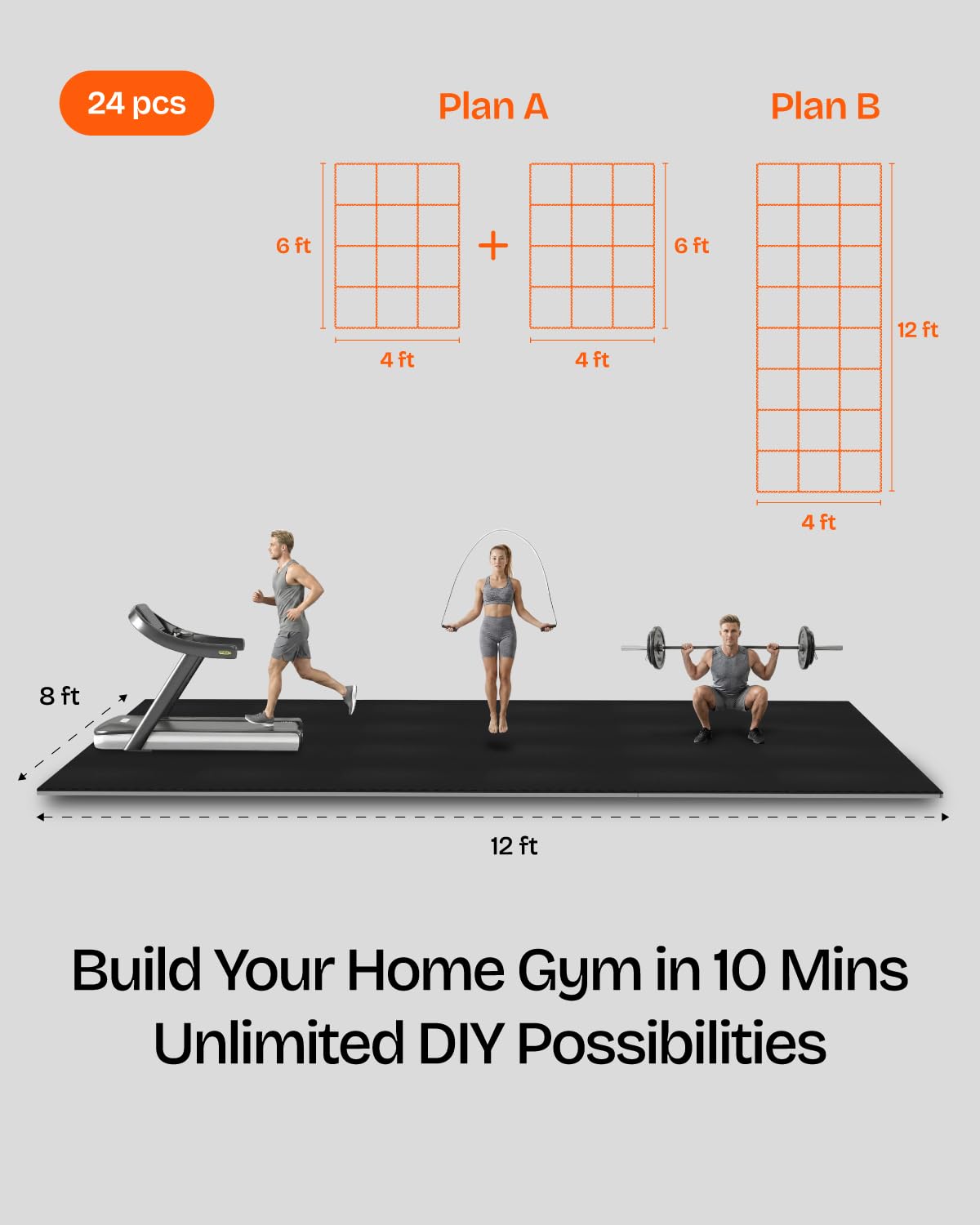 Vivaluz 0.56 Inch Thick 96 Sq Ft Gym Flooring for Home Gym, 24 Tiles Robust Rubber Top with Eva Foam Exercise Equipment Mats, Protective Flooring Puzzle Mat for Fitness Room