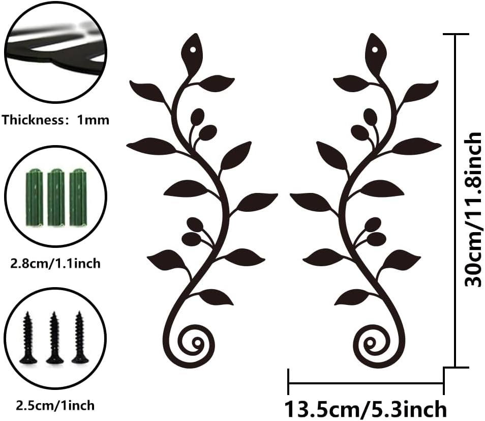 WADORN 2 Pieces Metal Wall Decor, Black Olive Branch Leaf Wall Art Decoration, Wrought Iron Scroll Vine Art for Indoor