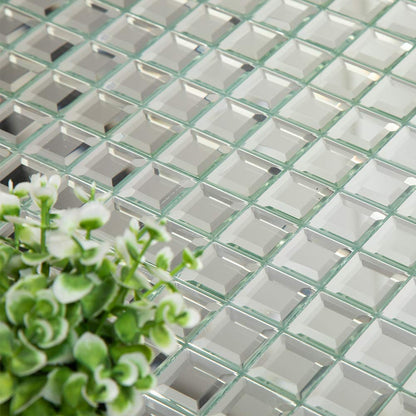 Soulscrafts Mirror Glass Mosaic Tile, 5 Faces Square Beveled Silver Crystal Mirror Backsplash 12x12 Inch Seamless for Kitchen Bathroom 5 Sheets