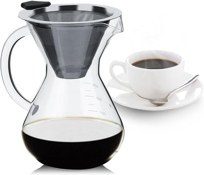 Glass Hand Drip Coffee Maker Pot, 400ML with Stainless Steel Permanent Filter and Scale
