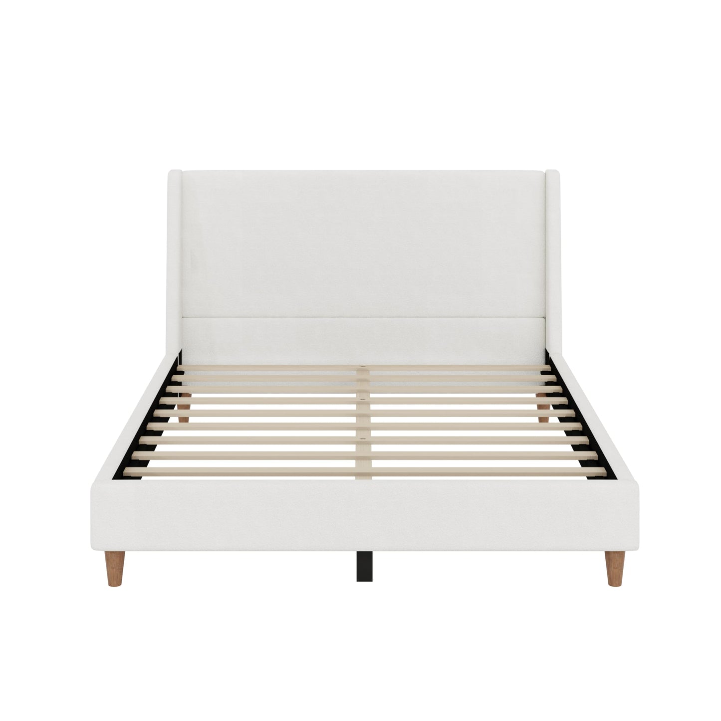 Merax Solid Wood Queen Size Boucle Bed Frame with Wingback Headboard, Modern Upholstered Platform with Walnut Wooden Legs, Strong Wooden Slats, No Box Spring Needed, Easy Assembly, Noise-Free, Ivory