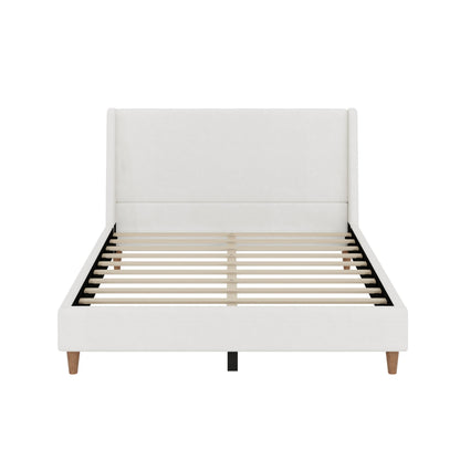 Merax Solid Wood Queen Size Boucle Bed Frame with Wingback Headboard, Modern Upholstered Platform with Walnut Wooden Legs, Strong Wooden Slats, No Box Spring Needed, Easy Assembly, Noise-Free, Ivory