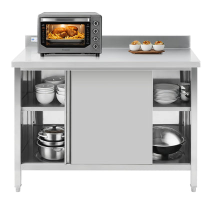Hally Stainless Steel Cabinet, 24" x 60" NSF Commercial Heavy Duty Prep Workbench with Backsplash and Two Sliding Doors, Large Storage Cabinet, Metal Table for Kitchen, Restaurant, Garage