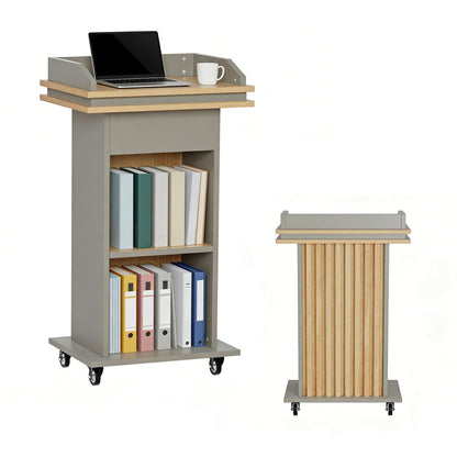 HPLWYM Podium Stand with Wheels, Wood Lectern Stand with Drawer and Double-Layer Storage Space, Mobile Pulpits for Churches, Portable Podium for Speech, Church, Office, Classroom, Conference