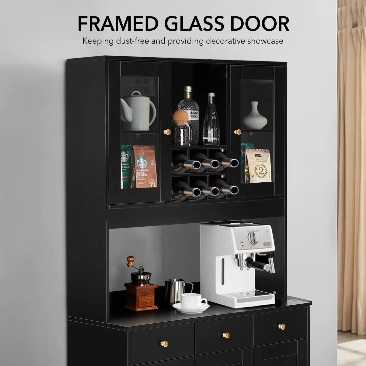 VOWNER 71" Traditional Freestanding Kitchen Pantry Storage Cabinet, Pantry Cabinet with 3 Drawers and 5 Storage Cabinets, Black
