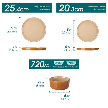 vancasso ONION Ceramic Plates and Bowls Sets, 24 Pieces Brown Dinnerware Sets for Kitchen, Reactive Glaze Dishes Set for 8, Dishwasher and Microwave Safe