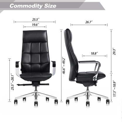 FURIJING Genuine Leather Aluminum Base High Back Executive Chair,Modern Ergonomic Real Leather Office Chair Boss Executive Chair with Synchro-Tilt Mechanism-Black.