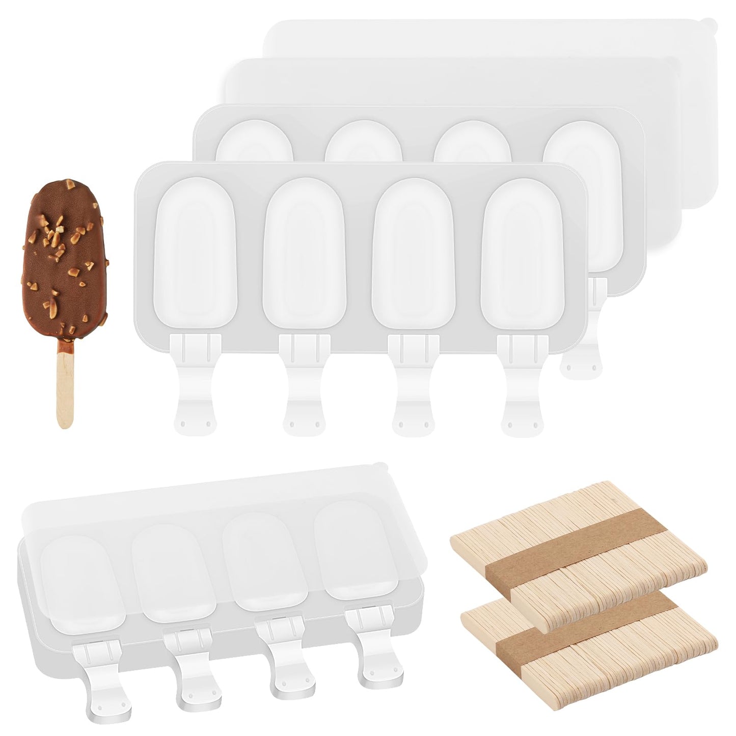 3 Set Small Popsicles Molds with Lids and 100 Pieces Wooden Popsicles Sticks, 4 Cavities Silicone Ice Cream Molds for Making Cakesicles, Cake Pops, Ice Cream - BPA Free