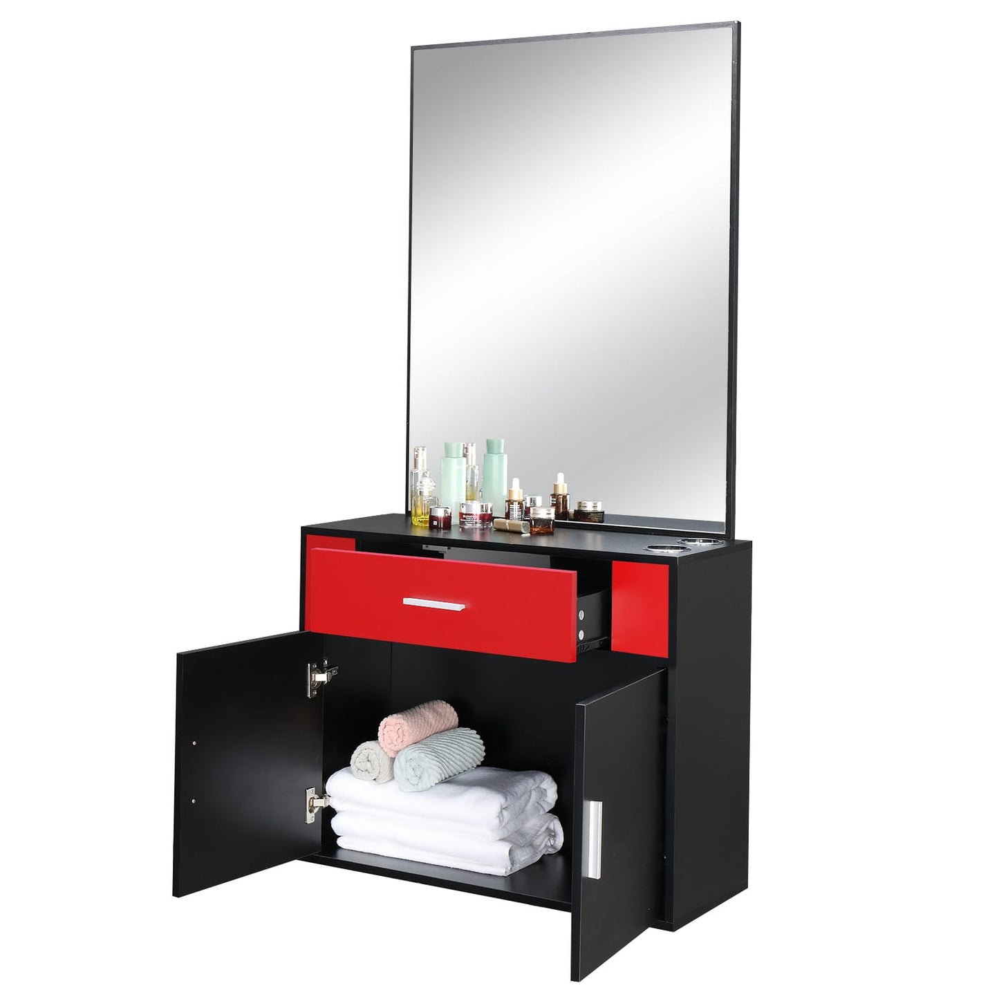 Black Salon Station Makeup Wall Mount Hair Styling Beauty Spa Equipment Set with Mirror Utility Drawer, Storage Cabinet Vanity Set with Mirror Make up Table Spa Beauty Styling Barber Station Equipment