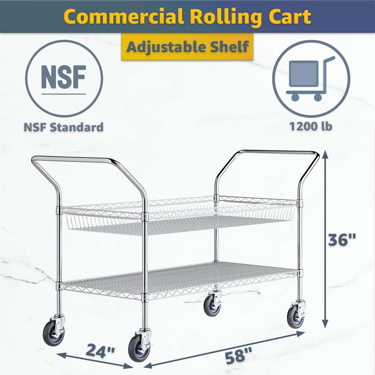 24" x 58" x 36" Commercial NSF Chrome One Shelf and One Basket Utility Cart - Heavy Duty Wire Rolling Metal Cart with Handles, Mobile Storage Cart for Warehouse, Office, Retail, Kitchen Use