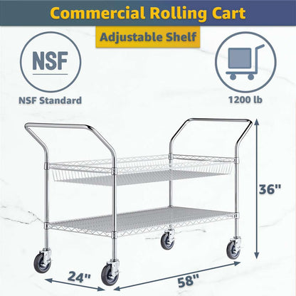 24" x 58" x 36" Commercial NSF Chrome One Shelf and One Basket Utility Cart - Heavy Duty Wire Rolling Metal Cart with Handles, Mobile Storage Cart for Warehouse, Office, Retail, Kitchen Use