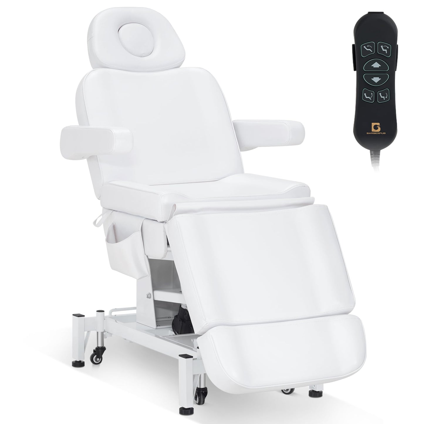 BarberPub Fully Electric Beauty Bed, 3-Motor Salon Spa Chair with Foot-Controlled Wheels, Adjustable Height, Backrest & Leg Rest – PVC Leather, Professional Facial & Treatment Table 2754 (White)