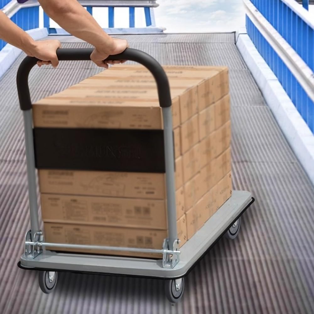 Foldable Platform Trolley Cart - Heavy-Duty Steel 4-Wheel Warehouse Hand Truck for Easy Moving & Express Delivery - Compact Garage Storage Solution