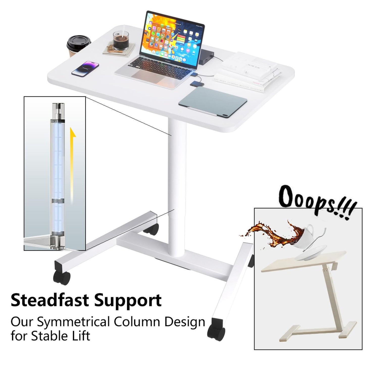 MPETAPT 28-Inch Mobile Standing Desk, Computer Workstations with Cup Holder, Portable Standing Desk with Lockable Wheels, Rolling Table for Home Office Classroom Hospital (Snow-White, Steel Classic)