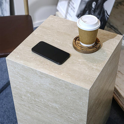 Modern Sintered Stone End Table for Living Room & Entryway, Sofa Table with Square Pedestal Base for Small Spaces, Fully Assembled & Low-Maintenance (Beige)