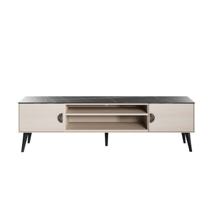 Manhattan Comfort Haley Mid Century Modern TV Stand for Televisions up to 55 Inches, Home Entertainment Center with Storage, Shelves, and Soft Close Doors, 70.9" Wide, White and Black Marble