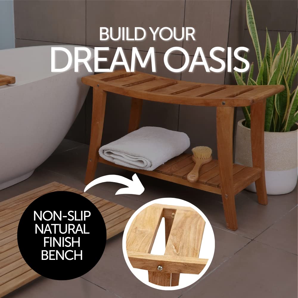 Nordic Teak Natural Teak Shower Stool with Curved Seat & Shelf | Spa-Style Bench for Bath | Shower | SPA | Pool | Patio | Select Grade (Natural Phoenix)