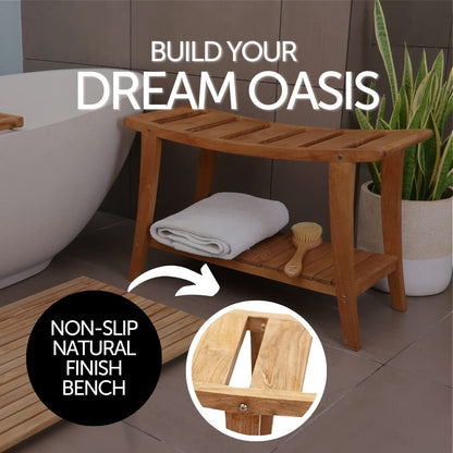 Nordic Teak Natural Teak Shower Stool with Curved Seat & Shelf | Spa-Style Bench for Bath | Shower | SPA | Pool | Patio | Select Grade (Natural Phoenix)
