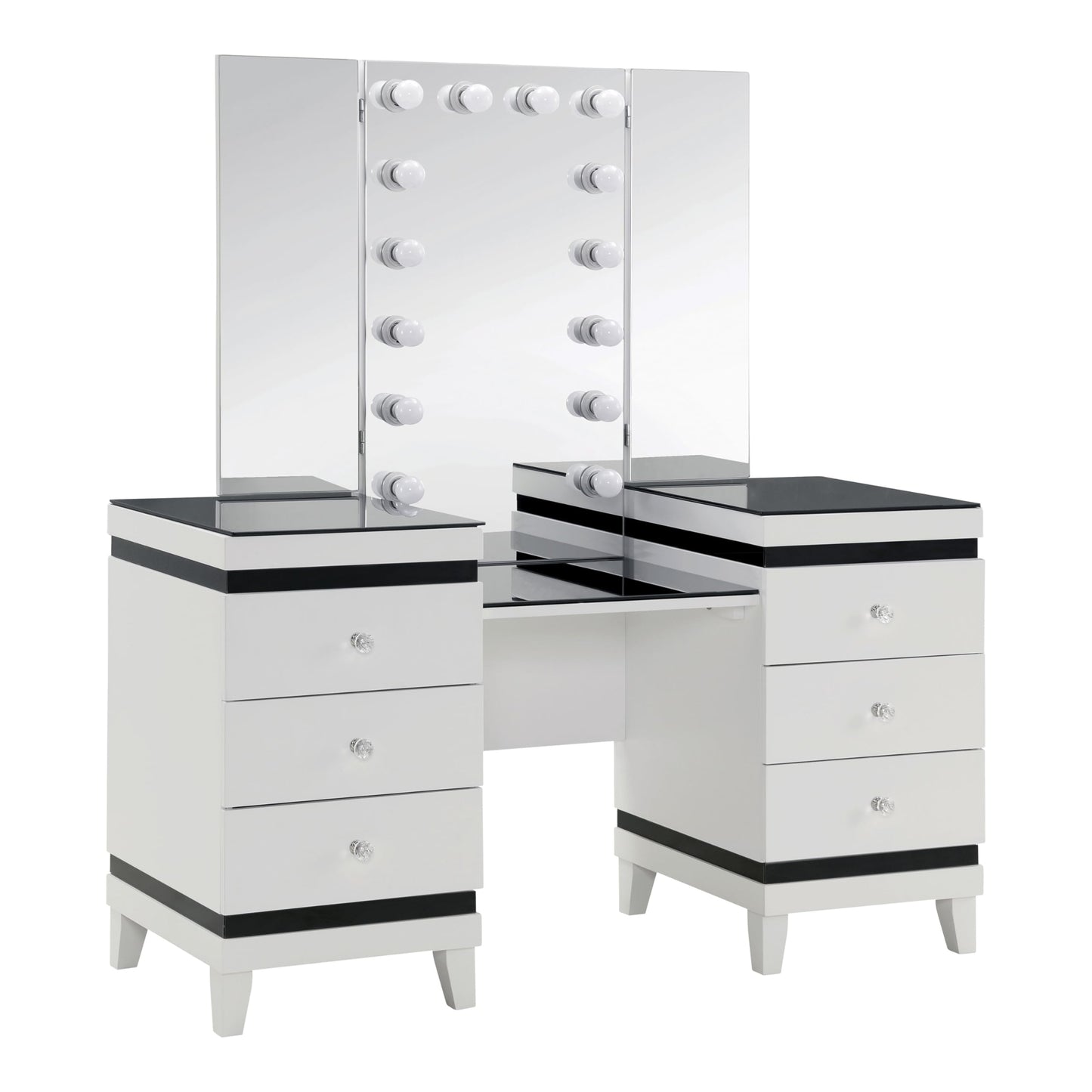 Furniture of America Oleah Solid Wood 3-Piece Vanity Set with Black Padded Stool and Light Bulbs Mirror, Felt-Lined Top Drawer for Bedroom, Guest Room, White