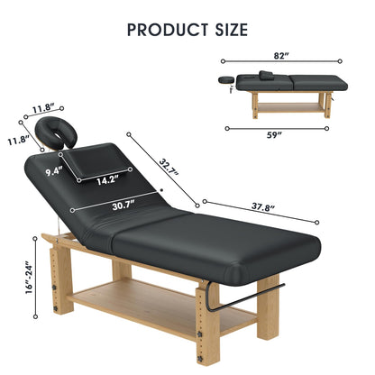 Heavy Duty Massage Table, Wooden Stationary Spa Bed with Adjustable Height & Backrest, PU Leather Professional Physical Therapy Facial Table with Face Pillow, Storage Shelf,1500 LBS Capacity