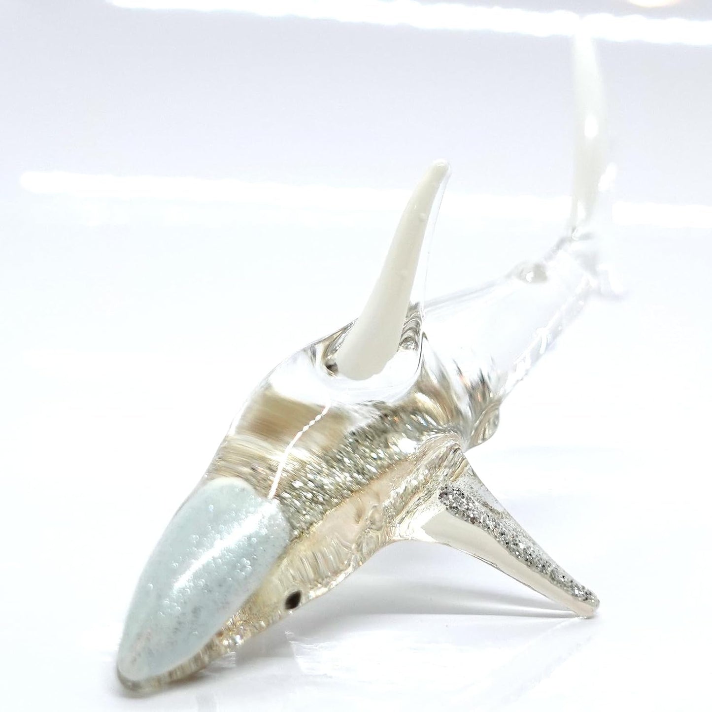 Shark Miniature Figurines - Tiny Hand Painted Blown Glass Art Collectible Gift Decor (Clear Silver)