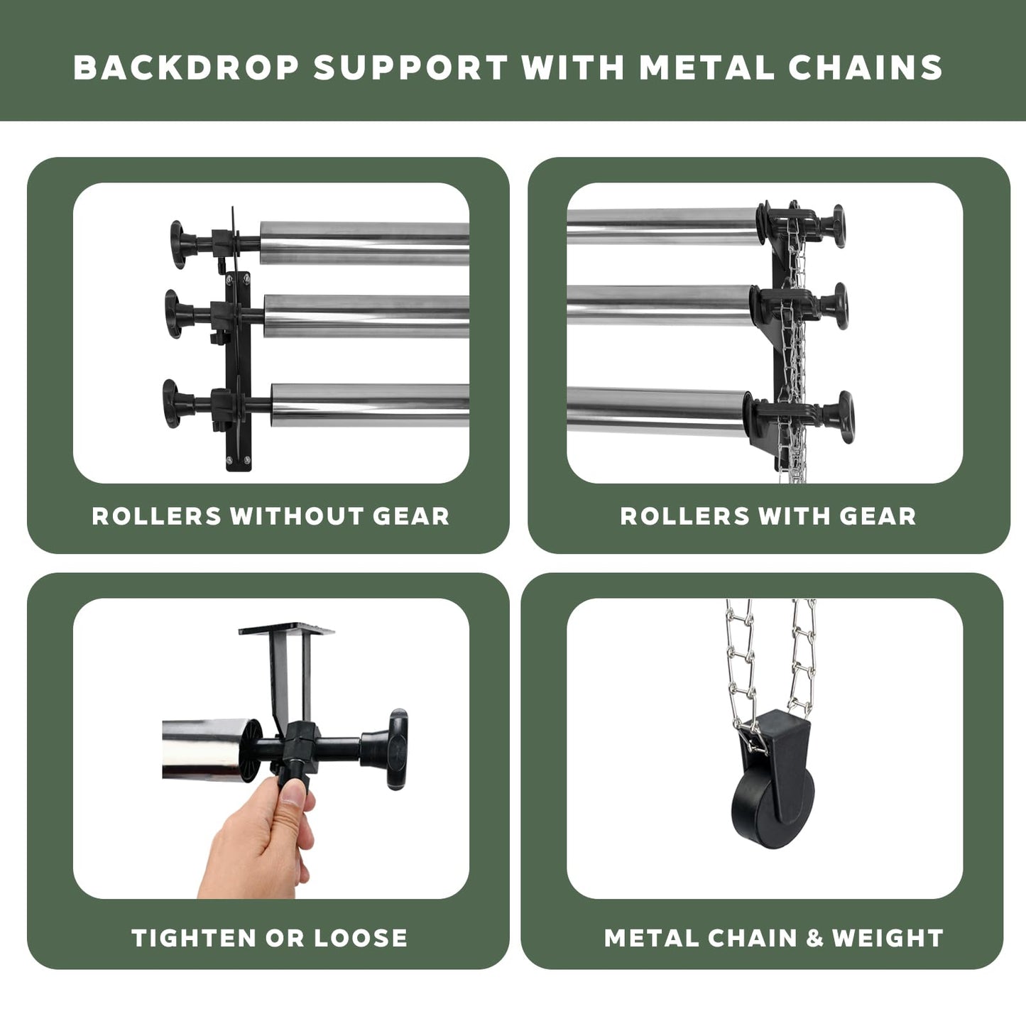 TENBEST Photography Backdrop Roller Support System, 3 Rollers with Metal Chains, 120-inch Stainless Steel Crossbars, Wall/Celing/Light Stand Backdrop Mount, Background Support