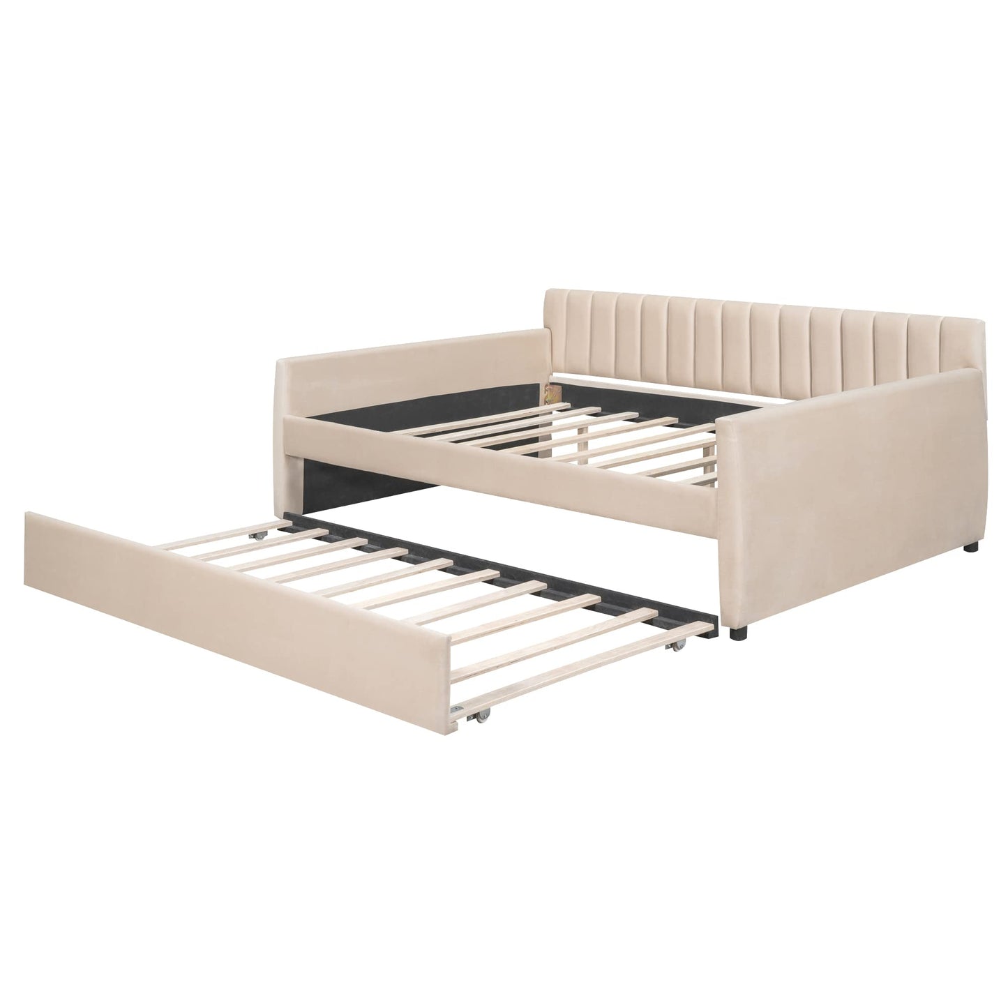 Favfurish Velvet Upholstered Full Size Daybed with Trundle, Solid Wooden Sofa Bed Frame w/Vertical Stripes Designed Backrest and Pine Legs, No Box Spring Needed