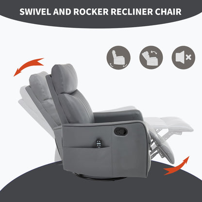 KEIKI 4-in-1 Manual Swivel Rocker Recliner Chair for Living Room, Faux Leather Nursery Glider Rocking Chairs with Back Massager & Heat, Built for RV Travel Living and Mobile Home, Grey