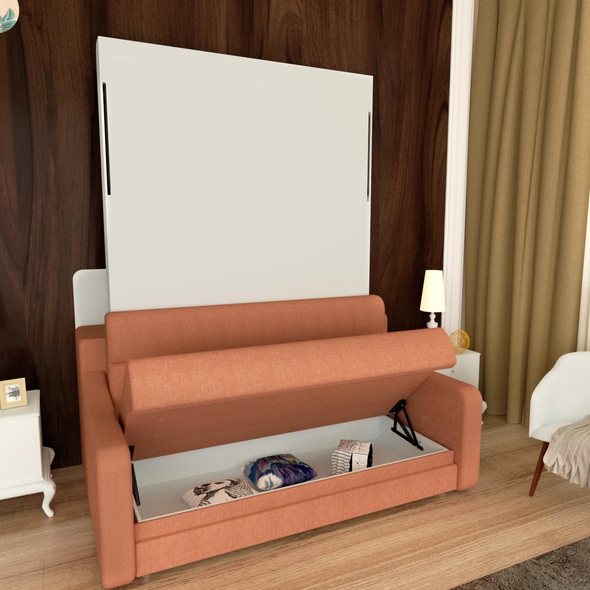 Ball & Cast Murphy Bed Full Size,Cabinet Wall Bed with Sofa,Space-Saving Hideaway w/Hidden Storage Space Gas Struts,Wood Multifunction Furniture for Small Bedroom,Orange