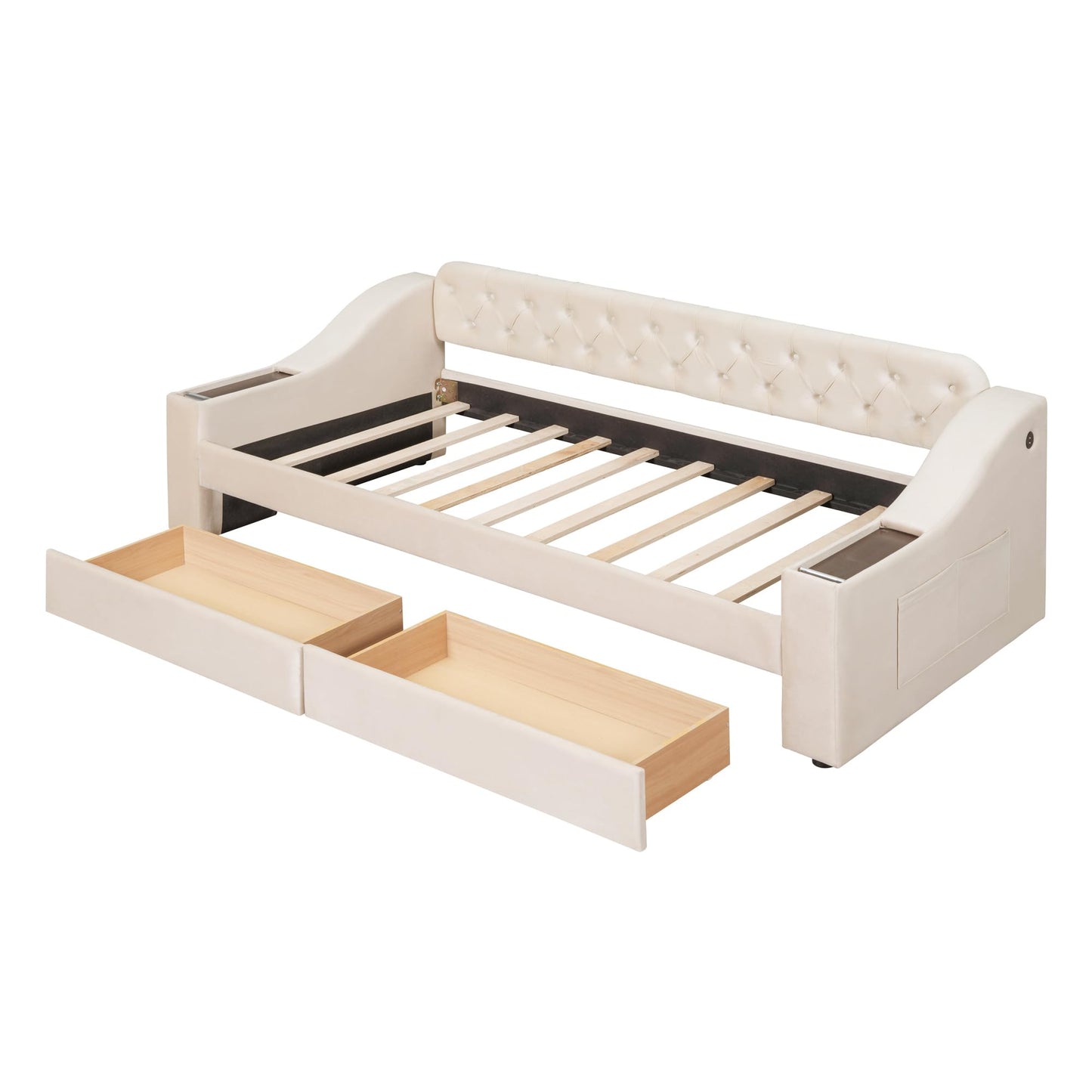 Acosure Twin Size Upholstered Daybed with 2 Large Drawers and USB Port,Bed Frame W/Armrests & Wood Slat Spport,for Bedroom,Apartment,Guest Room,Beige