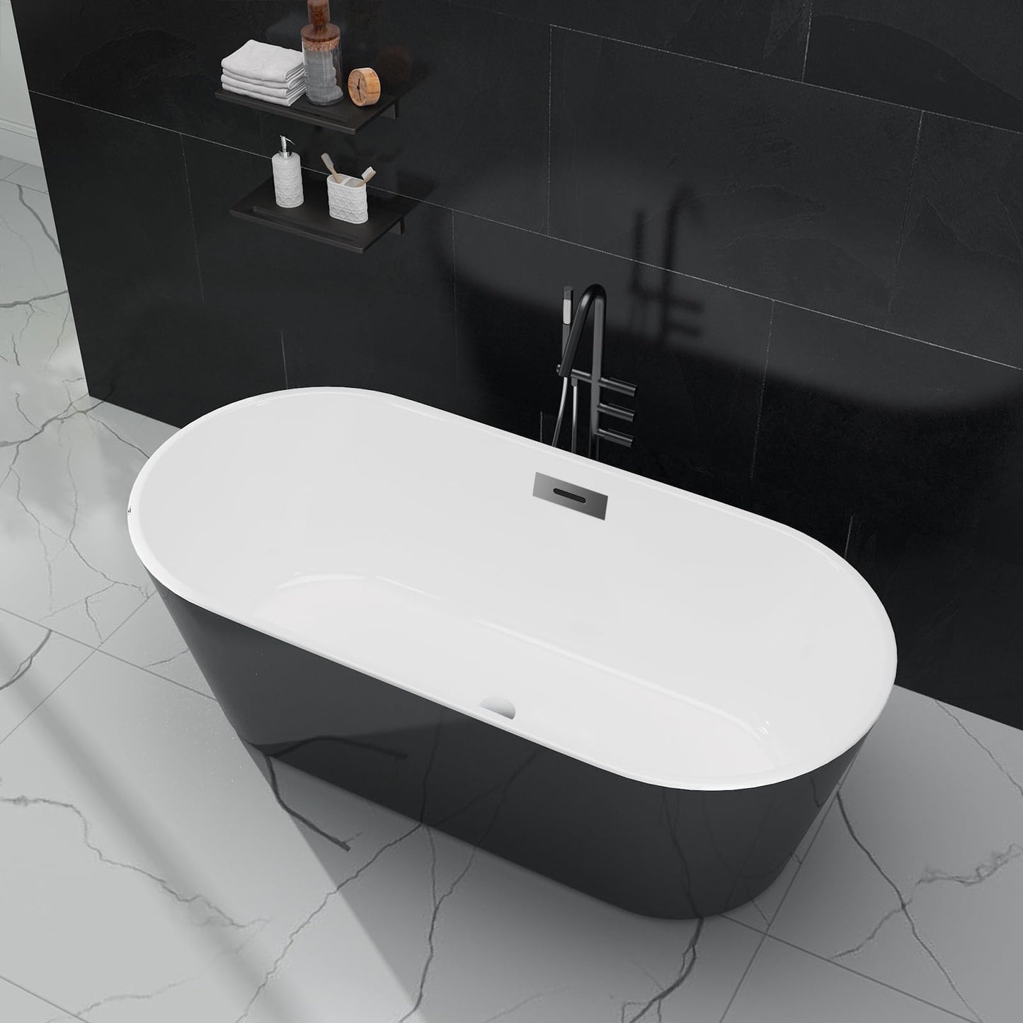 67'' Freestanding Bathtub, Deep Soaking Tub with Non-Slip Base, Acrylic, cUPC Certified Free Standing Tub, Chrome Drain Bath Tub, Modern Tub for Bathrooms, Black