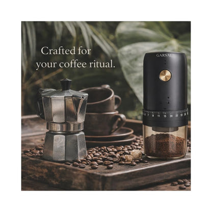 Garsal home. Electric Burr Coffee Grinder with 40 Grind Settings, Stainless Steel Conical Blades, Digital Measuring Spoon, USB-C Rechargeable Battery.