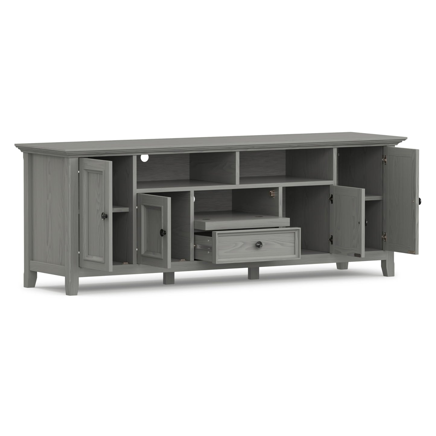 SIMPLIHOME Amherst TV Stand - 72 inch Wide Solid Wood Media Console in Fog Grey, Transitional Entertainment Center for Living Room for TVs up to 80 Inches with Shelves and Cable Management