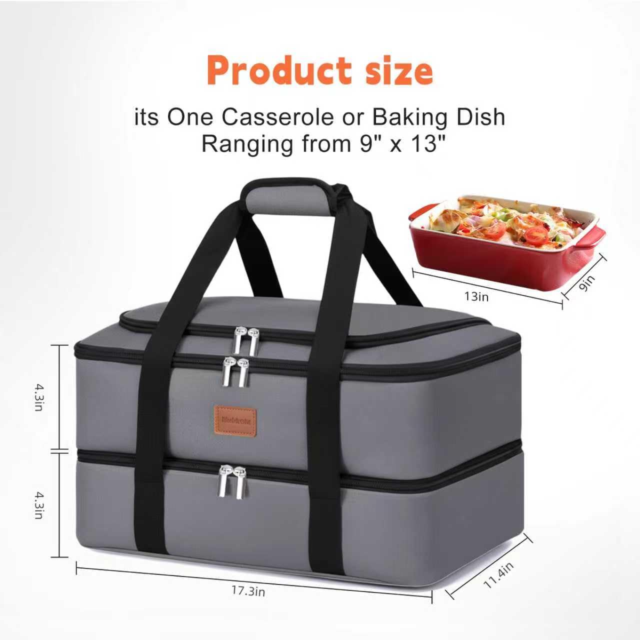 BlissfulSGDM Insulated Casserole Carrier, Double Decker Food Carriers for Hot or Cold Food, Portable Leakproof Thermal Bag for Travel/Potluck Parties/Picnic/Cookouts(Grey)