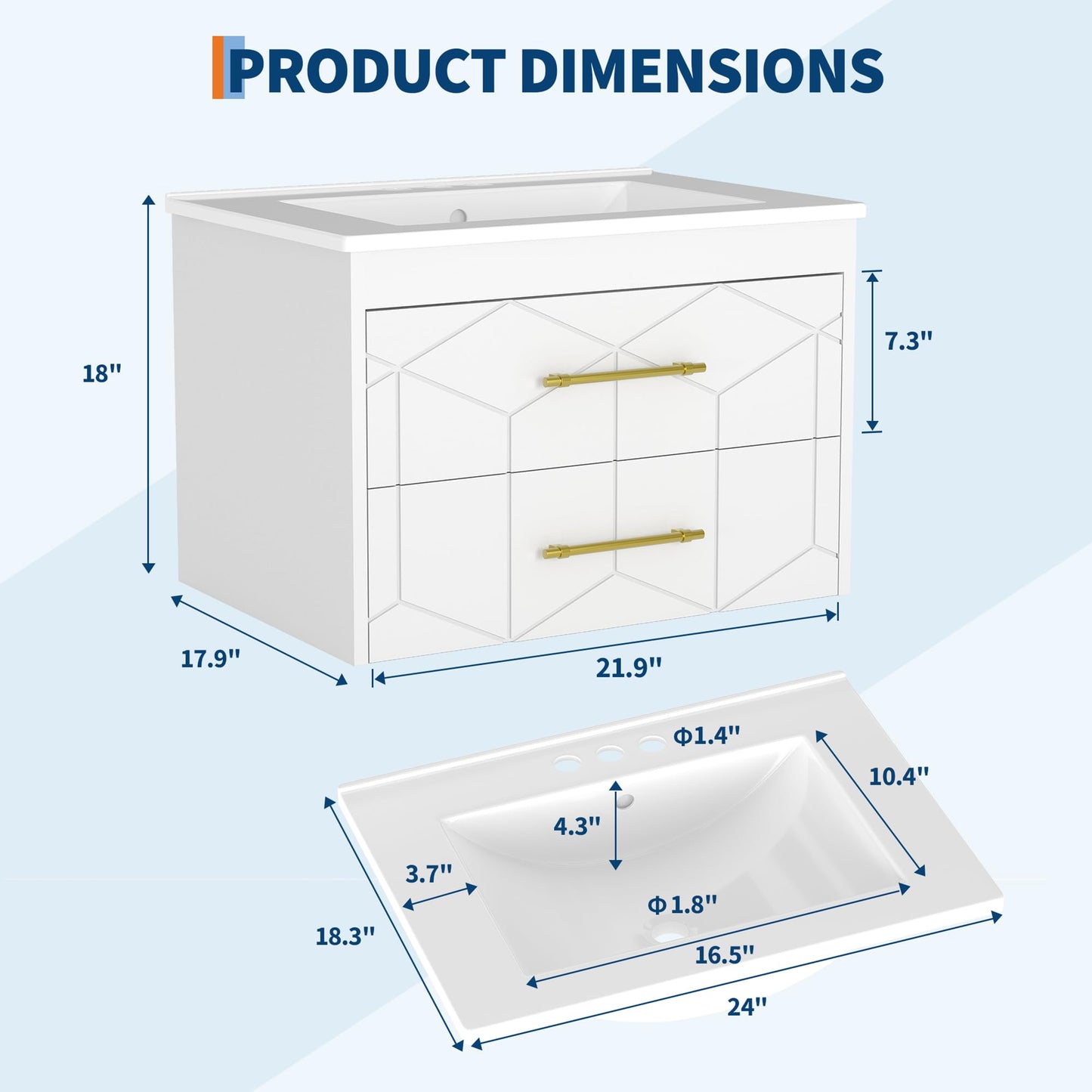 IDEALHOUSE Floating Bathroom Vanity with Sink 24 inch, Modern Bathroom Sink Cabinet, Ceramic Vanity Top, 2 Large Storage Drawers with Gold Metal Handle, Easy to Assembly, White