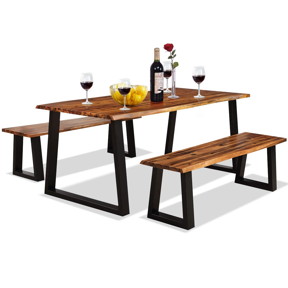 Giantex 3PCS Wooden Dining Set Bench Chair Rustic Indoor &Outdoor Furniture (Rustic Brown&Black)