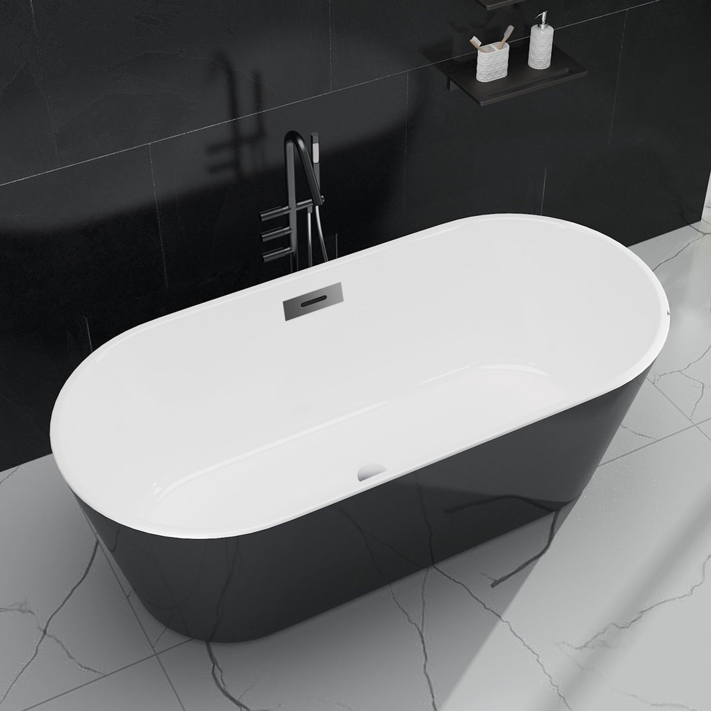 59 Inch Freestanding Bathtub, Acrylic, Deep Soaking Tub with Non-Slip Base, Modern Black Free Standing Tub for Bathrooms, cUPC Certified with Chrome Drain
