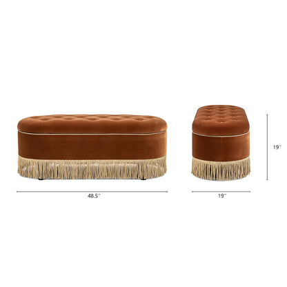 Jennifer Taylor Home 48.5" Oval Tufted Bullion Fringe Storage Bench, Burnt Orange Performance Velvet