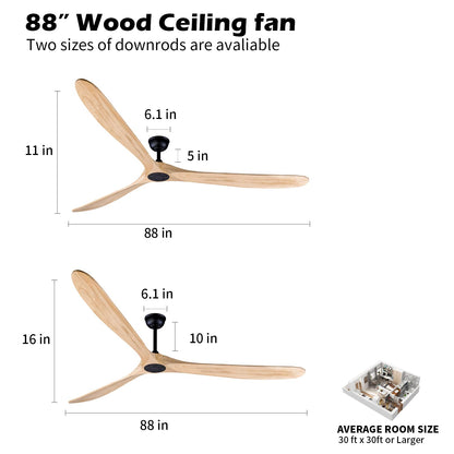 Bigzone 88" Large Ceiling Fan No Light With Remote, DC Motor Quiet Energy Saving,3 Balsa Wood Blades,Outdoor/Indoor Ceiling Fan With Reversible Blades